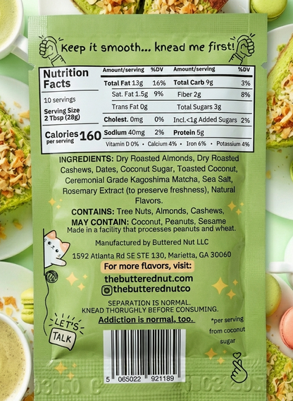 Back of a Matcha Nut squeeze package with nutrition facts and ingredients list, surrounded by food items.